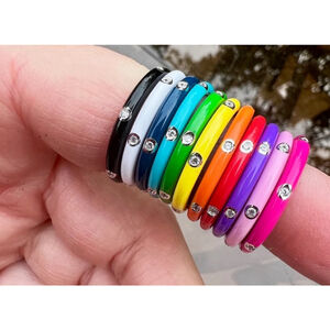 NEW Women's Pave’ Diamond Black Enamel S925 Stacking Ring‎ Size 9